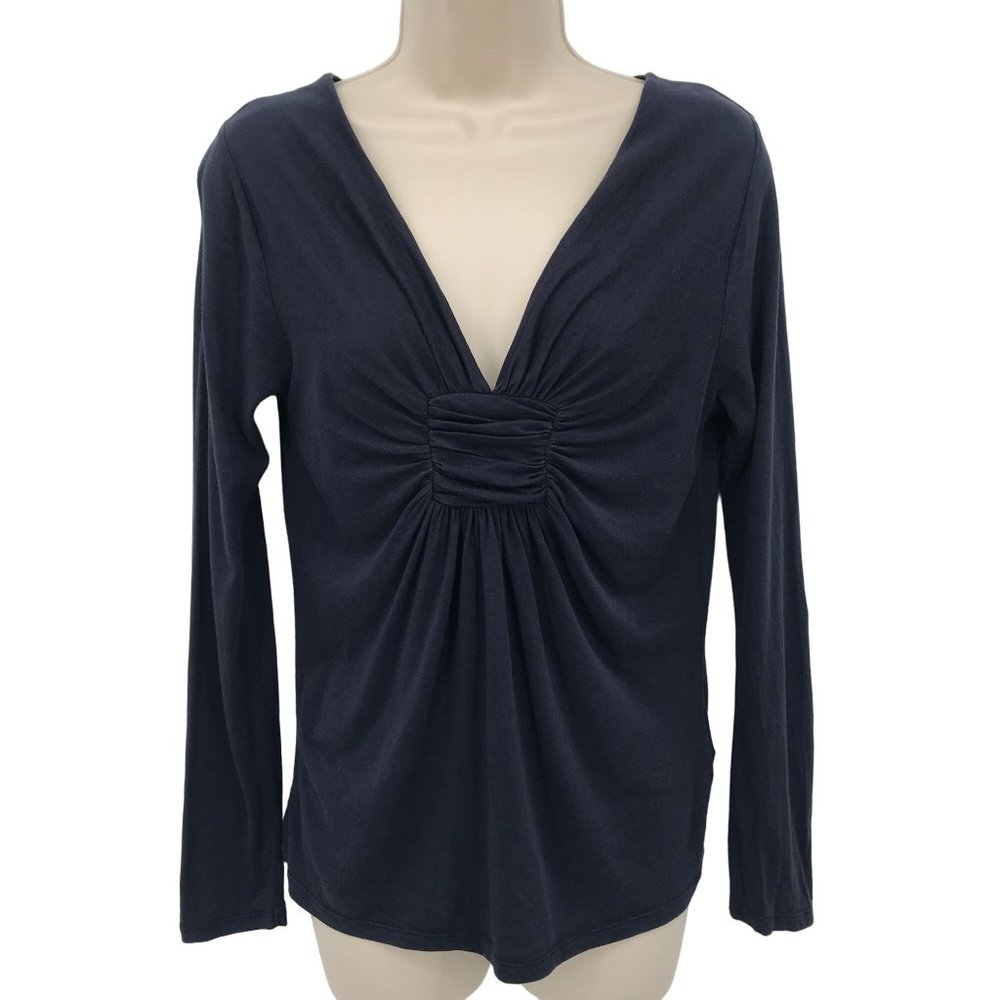 Press Womens Navy Ruched Deep V Neck Long Sleeve Lightweight Top Size S
